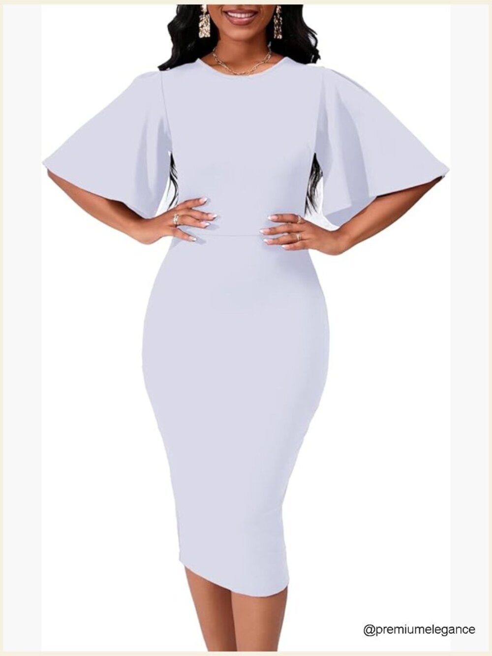 Bodycon Midi Dress with Ruffle Flared Sleeves for Work and Formal Occasions